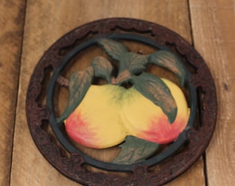 Vintage Round Cast Iron Trivet - Black - Painted Apple Design