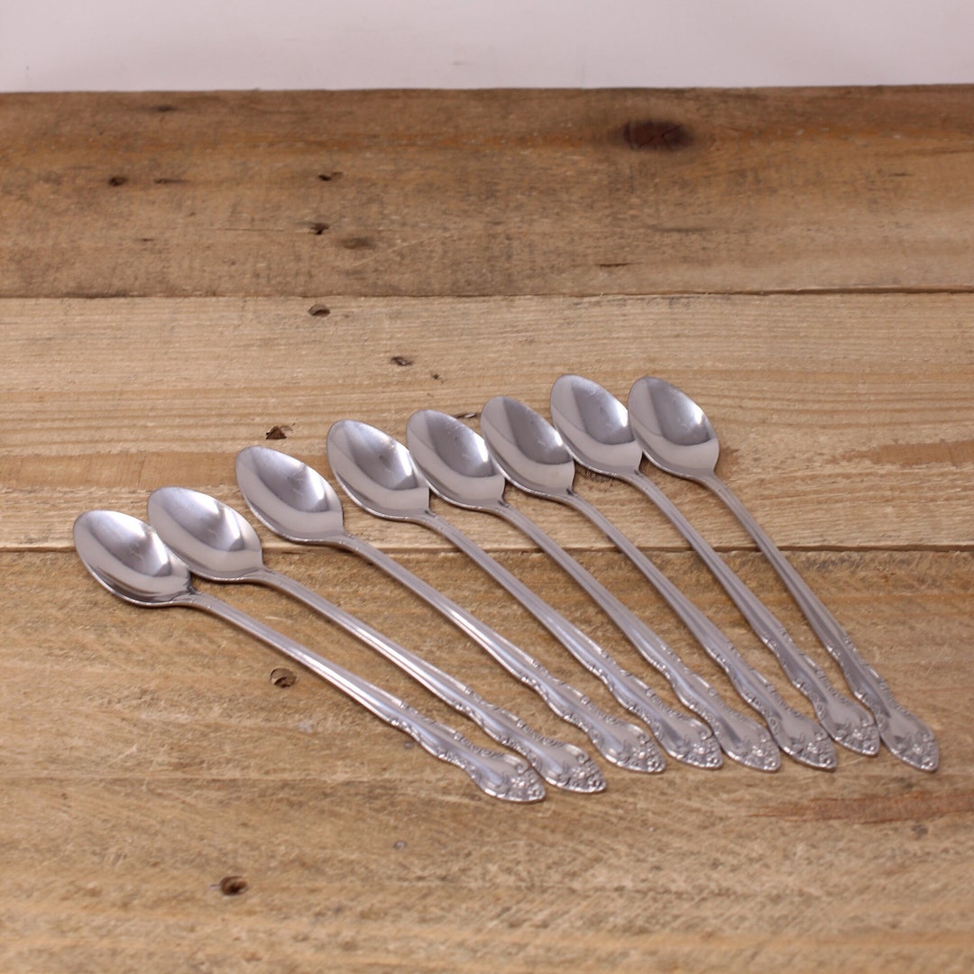8 Vintage Iced Tea Spoons TQT Stainless Floral Design Etsy