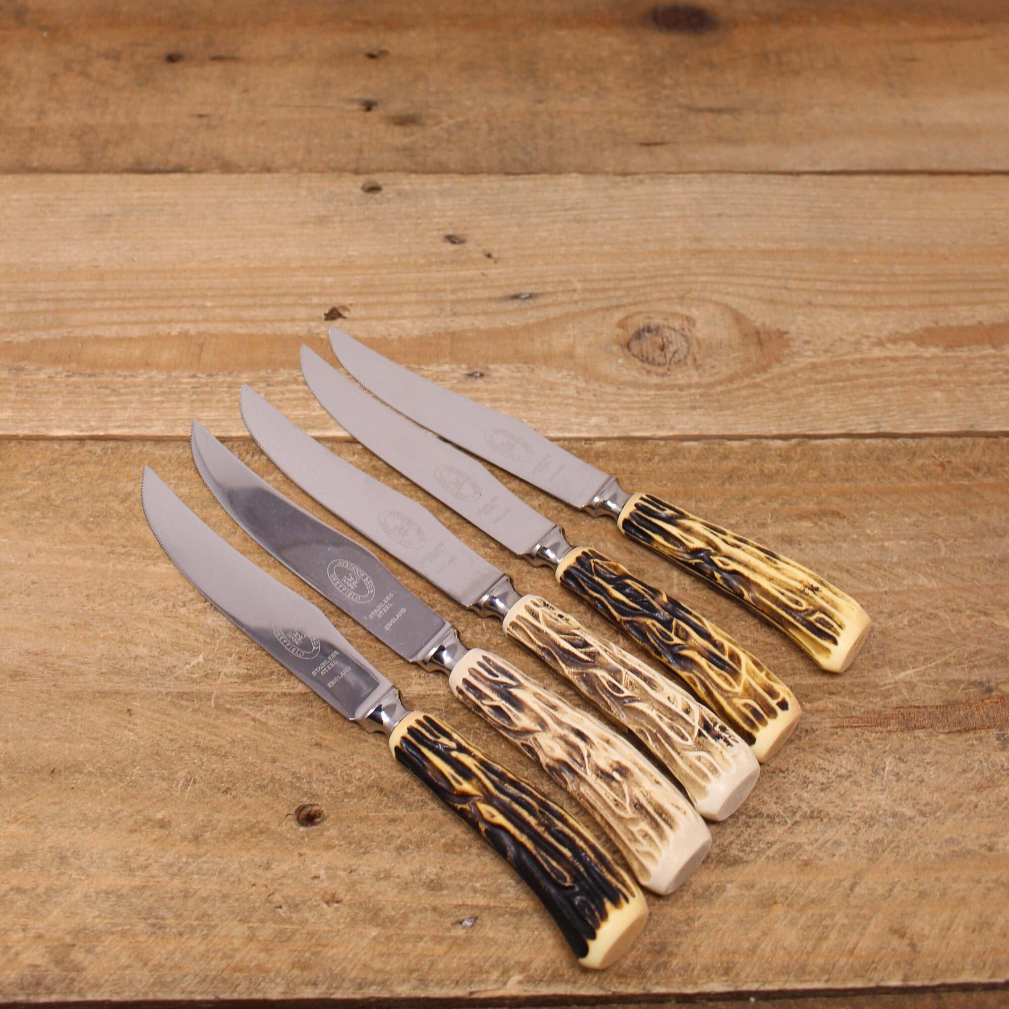 6 Steak Knives Armack Faux Antler Plastic & Stainless Steel Flatware England