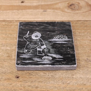 Vintage Inuit Design Genuine Soapstone Coaster / Plaque / Paper Weight - Ice Fishing - Made in Canada