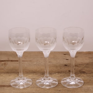 3 Vintage Bohemia Crystal-Crystalex - Cordial Glasses with Faceted Stem and Frosted Design