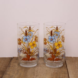 May include: Two clear glass tumblers with a floral design. The design features blue, yellow, and brown flowers with green stems and leaves.