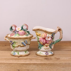 Vintage &quot;Woodland Spring&quot; by Fitz & Floyd Ceramic Creamer and Covered Sugar Bowl Set