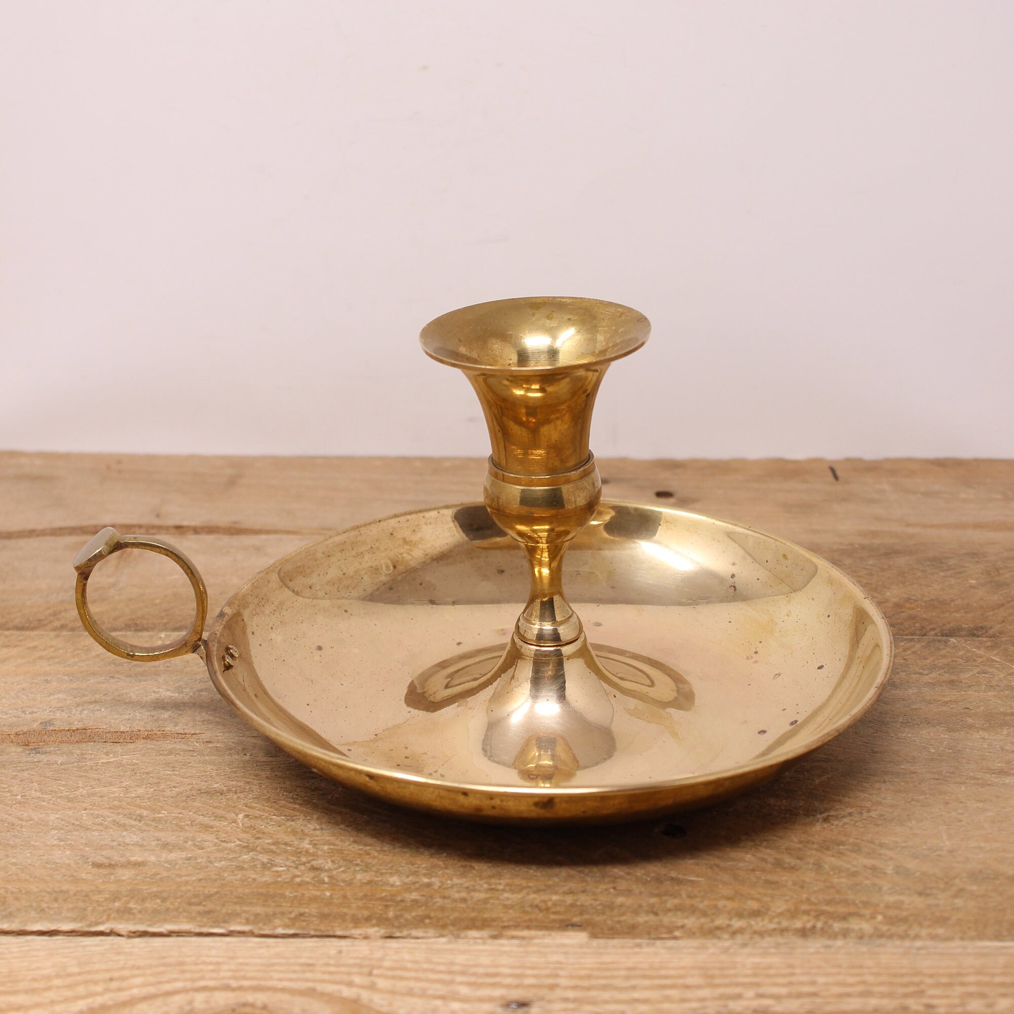 Vintage Large Solid Brass Chamber Style Finger-Loop Candlestick Holder - Made in India
