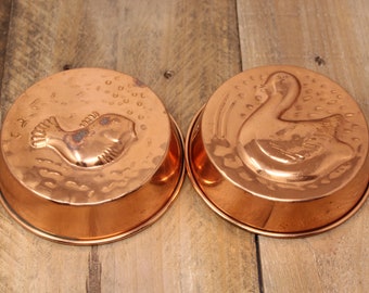 Vintage Round Hanging Tin-Lined Copper Molds - Duck & Fish