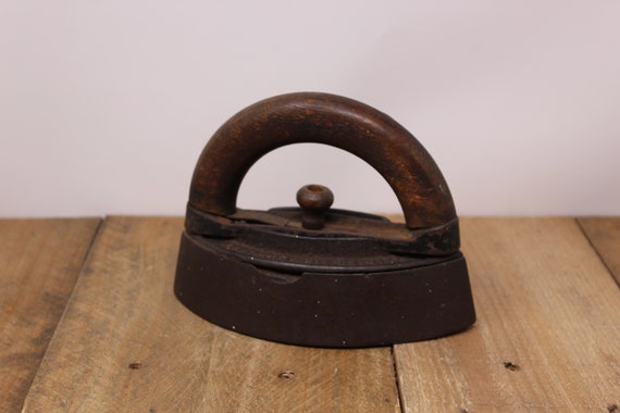 vintage small iron with wood handle detachable with metal rest
