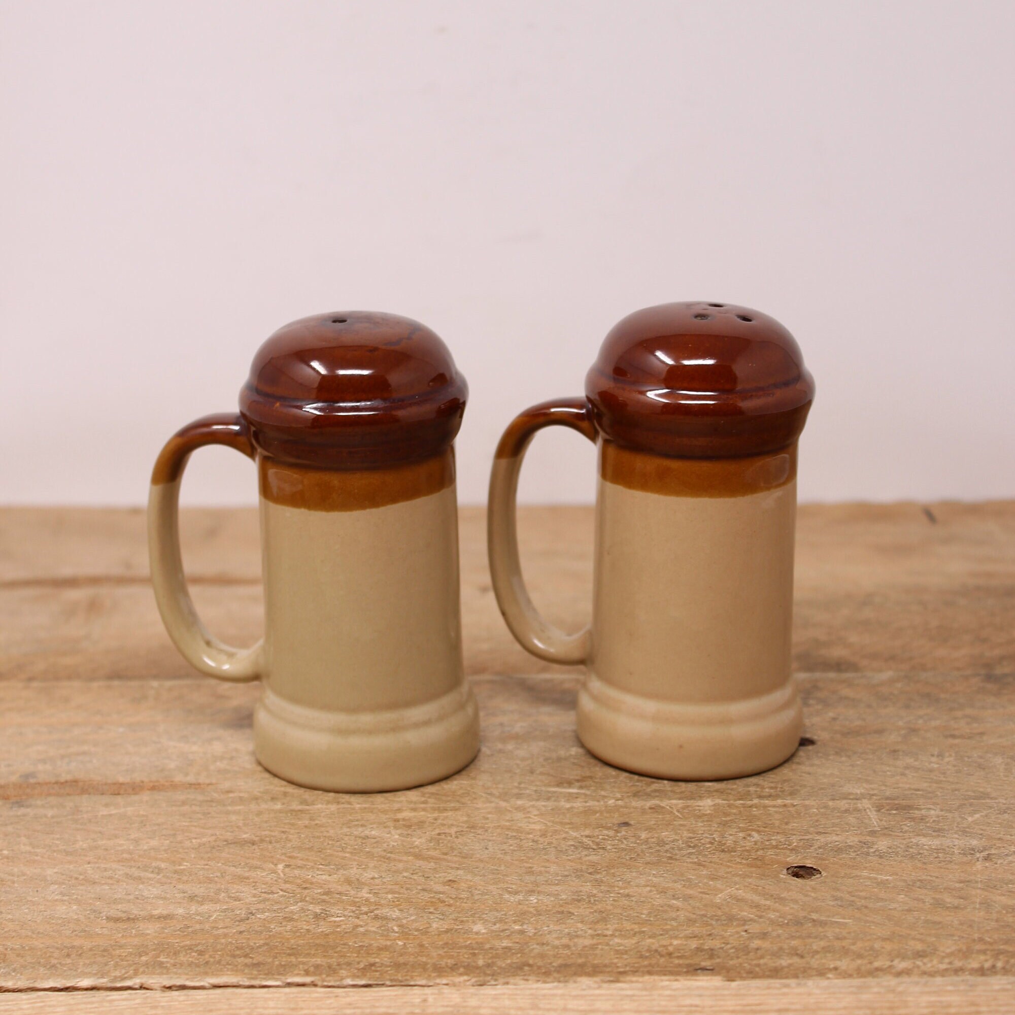 Vintage 3 tone Brown Stoneware Salt Pepper Shakers With Handles Etsy Canada