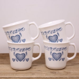 Set of 4 - Blue Sponge Hearts - Corning Ware Mugs