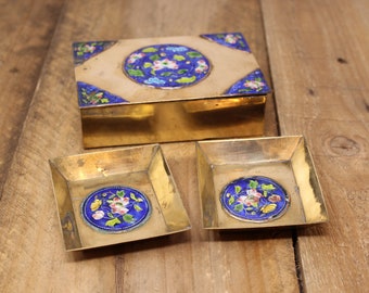 Vintage Floral Hinged Brass Box with 2 Small Trays