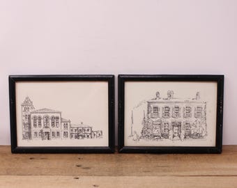 2 Vintage Framed Pen & Ink Drawings - by Barbara Fick
