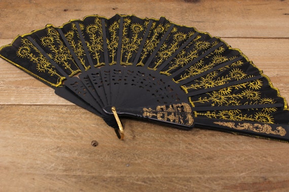 9" Black & Gold Sequined Fabric Fan with Lace Trim - image 4