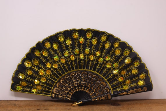 9" Black & Gold Sequined Fabric Fan with Lace Trim - image 2