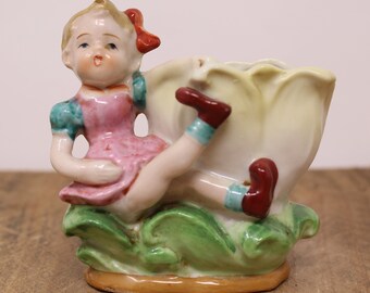 Vintage Ceramic Girl Planter / Vase - HandPainted
