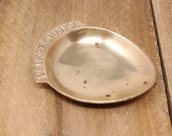 Vintage Heavy Solid Brass Pocket Change Dish — Catchall Coin Plate
