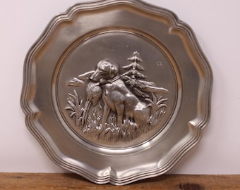 Vintage Pewter Wall Decor Plate - Hunting Dog Design - Germany