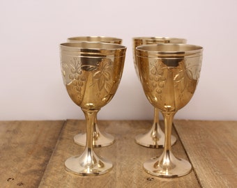 4 Vintage Brass Goblets / Chalices with Etched Grape Design