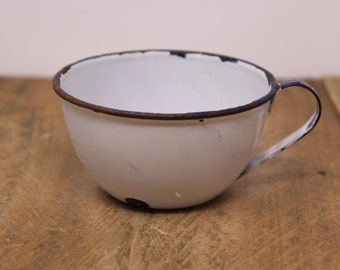 Vintage Enamel Cup - White with Navy  Rim - Farmhouse Decor