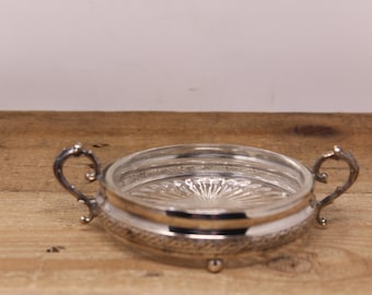 Antique Footed Small Serving Dish with Ornate Handles and Glass Insert