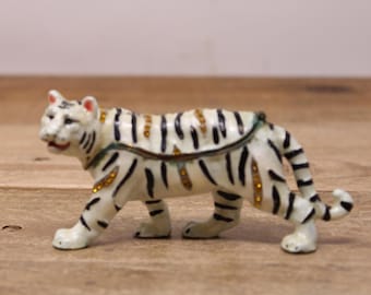 Vintage White Tiger - Enamel Lined Brass Trinket / Jewelry Box Decorated with Rhinestones