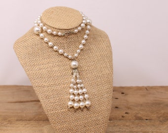 Vintage Single Strand - Faux Pearl & Clear Bead Necklace with Tassel