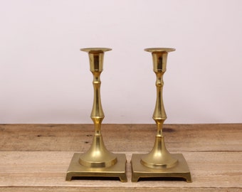 Set of Brass Candlestick Holders with Square Bases