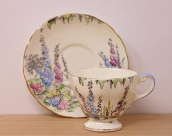 Vintage E.B. Foley - Bone China Cup & Saucer – Garden Florals of Foxglove and Flowers - 2142