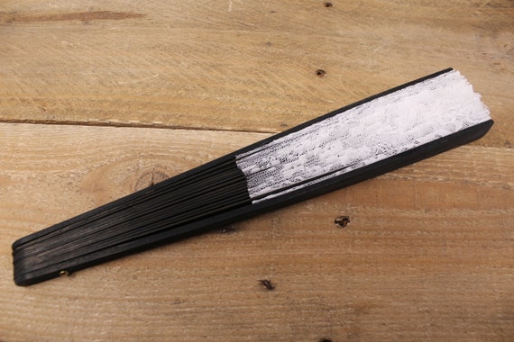 12"  Folding Black Bamboo & White Lace Hand Fan /… - image 6