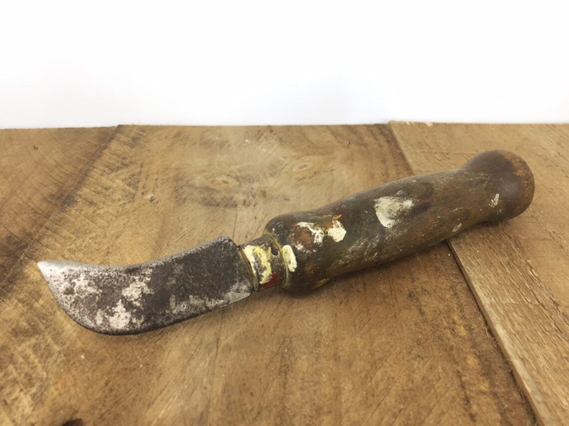Vintage Curved Blade Carpet Knife With Wood Handle Etsy