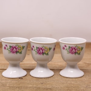 3 White Porcelain Egg Cups with Painted Pink Flowers