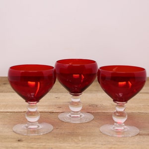 3 Vintage Ruby Red Bowl Wine Glasses with Clear Ball Stacked Stems