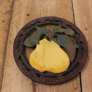 Vintage Round Cast Iron Trivet - Black - Painted Pear Design