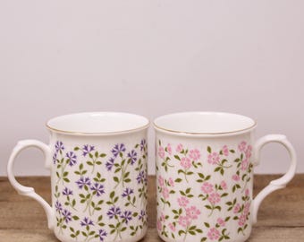 2 Vintage Sadler Wellington Mugs - Purple & Pink Floral Mug - England