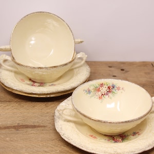 3 Vintage Crown Ducal - Florentine - Picardy - Flat Cream Soup Bowls with Underplates / Saucers