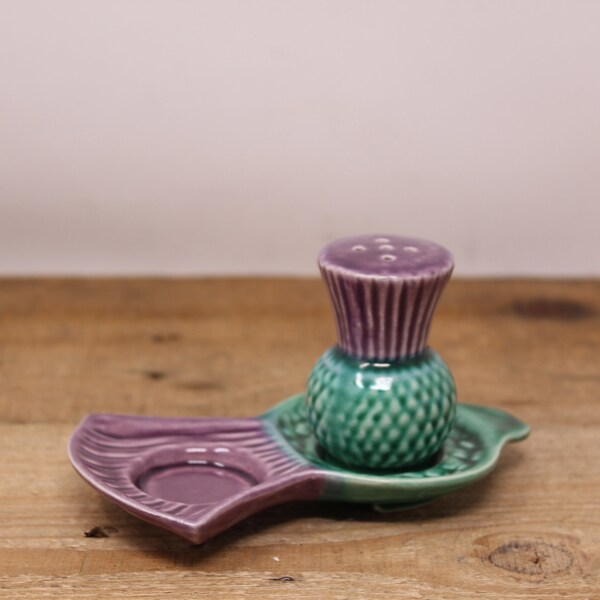 Vintage Purple and Green Thistle Salt Shaker with Tray