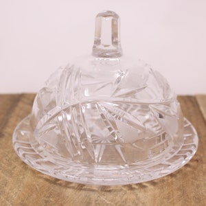 Vintage Crystal Cut & Etched Vine Design Domed Cloche -  Cheese / Butter Serving Dish