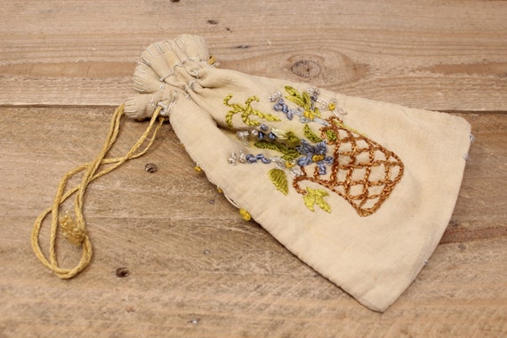 Antique Hand Embroidered Linen Hand Bag / Purse w… - image 6