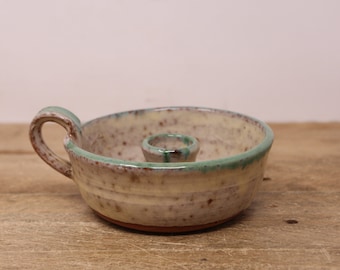 Vintage Studio Pottery Finger-Loop Candle Holder - Speckled Gray with Green - Nova Scotia, Canada