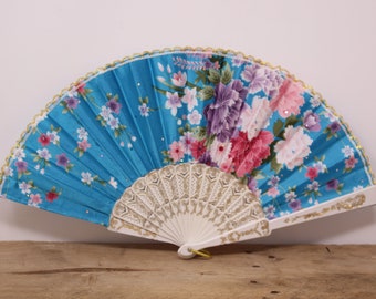 Vintage 9" White Spine - Sequined Blue Floral Fabric Fan with Lace Trim