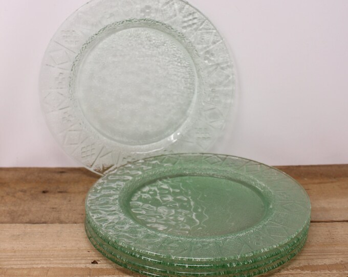 5 Vintage Textured Pressed Green Glass Dinner Plates Etsy