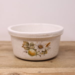 May include: A white ceramic bowl with a floral design featuring a yellow apple, white flowers, and green leaves. The bowl has a speckled texture.