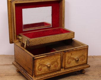 Vintage Florentine Style Wooden Jewelry Music Box - Decorated  with Gold Leaf Decor - Made in Japan