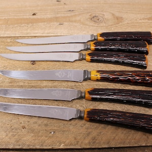 Vintage Set of 6 Glo-Hill - Warranted Cutlery Steak Knives -  Faux Antlers Bakelite Handles in Original Case