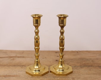 Set of Brass Candlestick Holders with Octagonal Bases