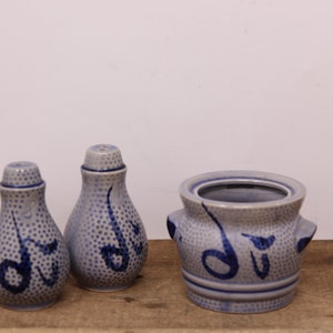 Vintage Salt Glaze Cobalt Blue Indigo Grey Stoneware Shakers and Mustard Bowl