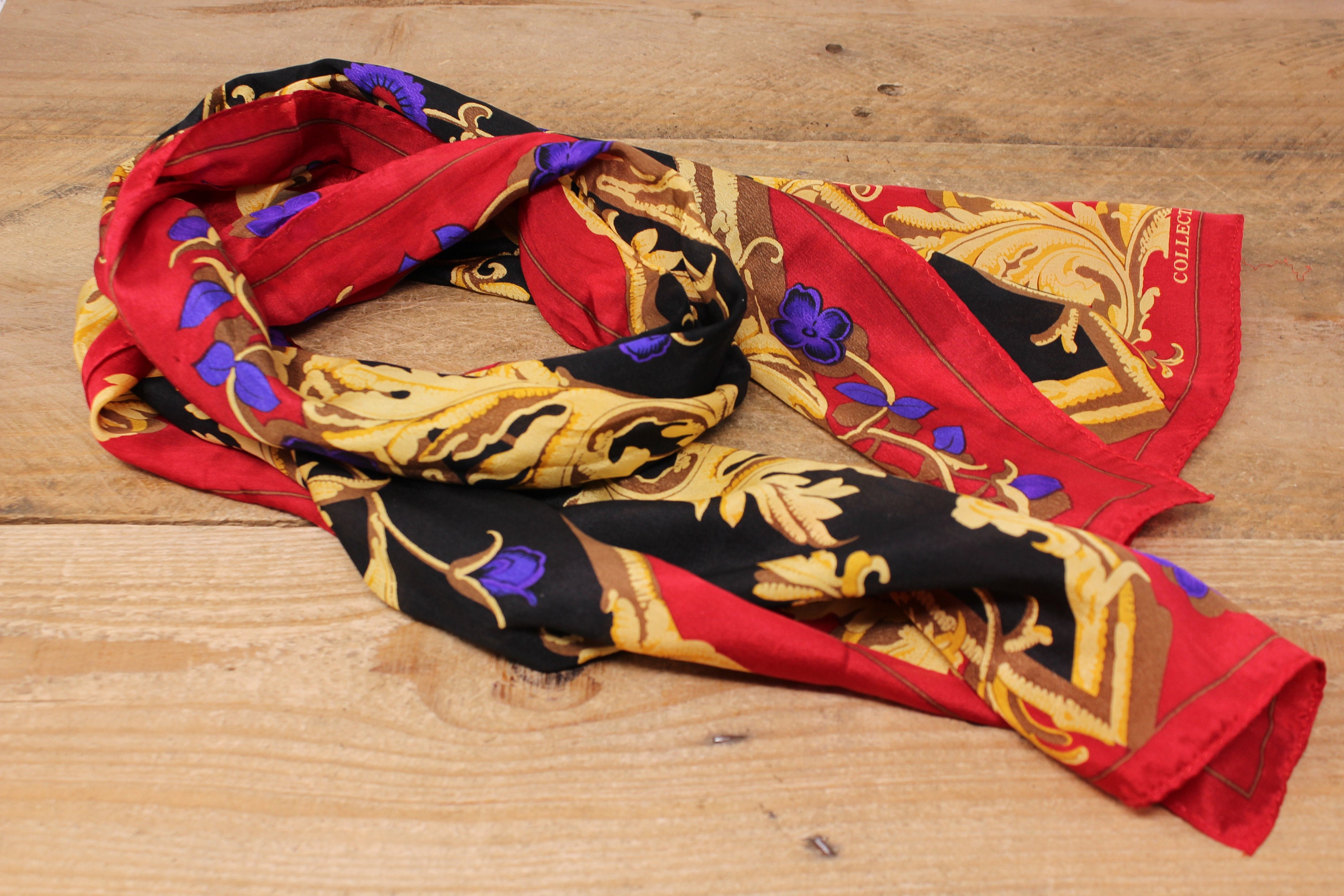 スカーフ MAIOLICA PRINT STOLE Vintage Monique Martin Red Floral Designer Long Fashion