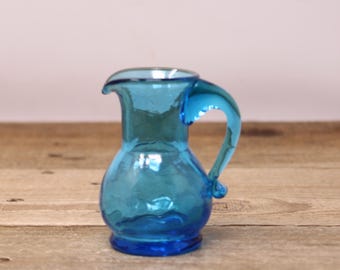 Vintage Hand Blown Blue Art Glass Pitcher with Applied Glass Handle