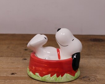 Vintage Ceramic Snoopy Laying in Dog Bowl - Figurine