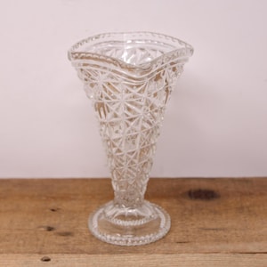 Vintage Square Pressed Glass Trumpet Vase with Round Sawtooth Edge Base