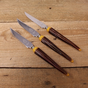 3 Vintage Warranted Steak Knives with Tipped Faux Antler Bakelite Handles by Glo Hill
