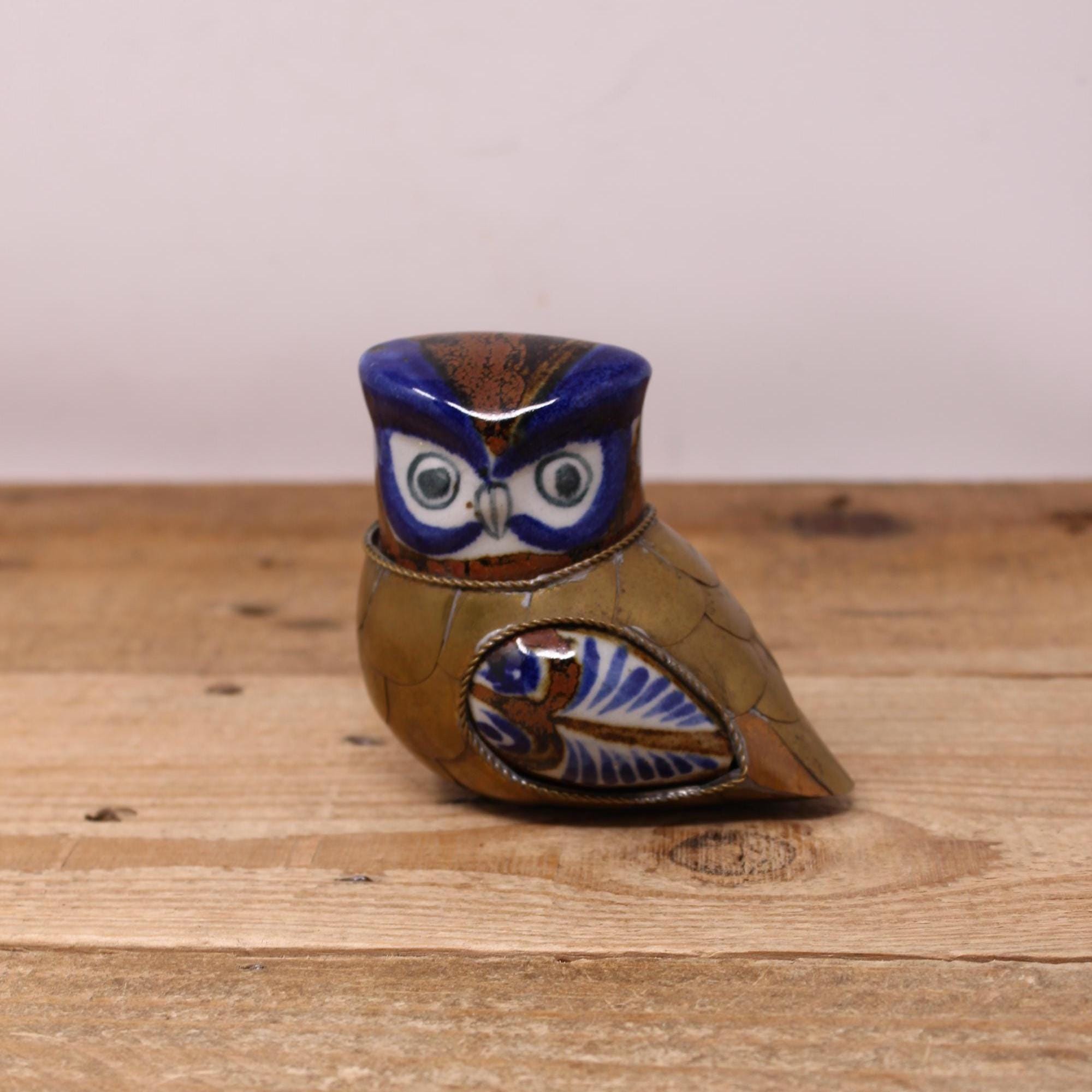 Vintage Mexican Tonala & Brass Owl Figurine - Mexican Folk Art
